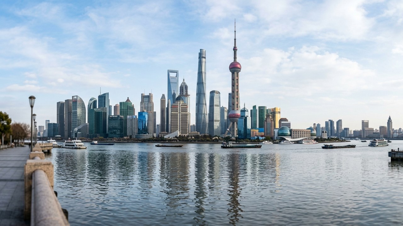 AI-generated photorealistic context: A wide waterfront view of the Shanghai Pudong business skyline, realistic buildings and river
